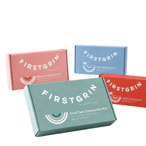 A selection of Firstgrin oral-care kits for families
